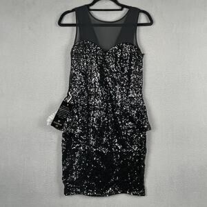 Bebe Wonderland Peplum Sequin Dress Womens Large Black Bodycon Mini Cocktail